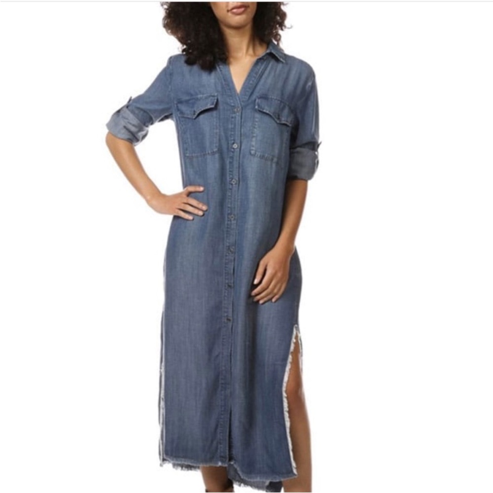 Cloth and Stone Tencel Maxi Dress blue chambray long roll up sleeve M